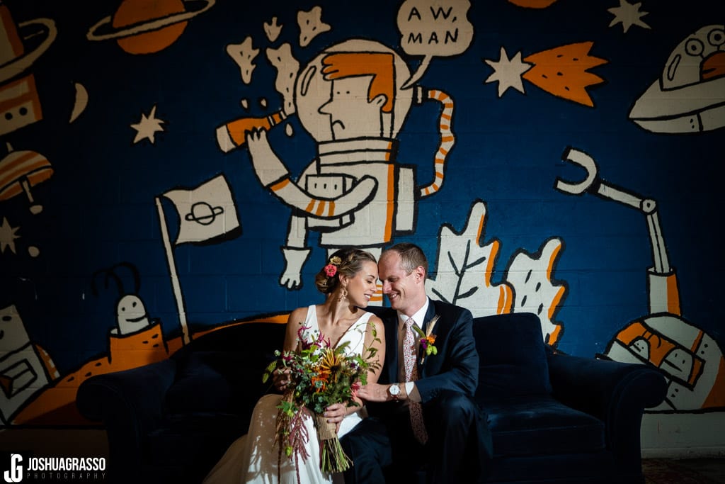 Bride and groom indoor portrait Monday Night Garage Wedding