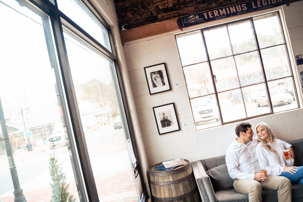 Brewery couple photo engagement session in downtown ball ground georgia